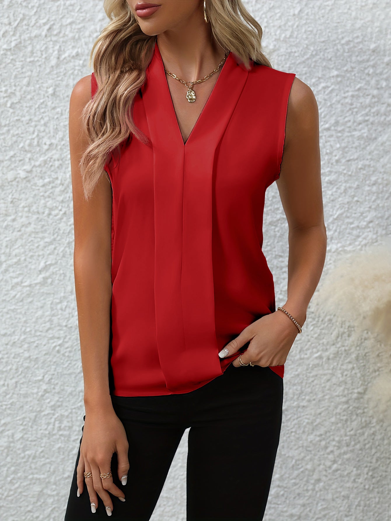 Summer V-Neck Shirt Solid Color Casual Office Daily Sleeveless Shirt Lightweight Women's Top Clothing