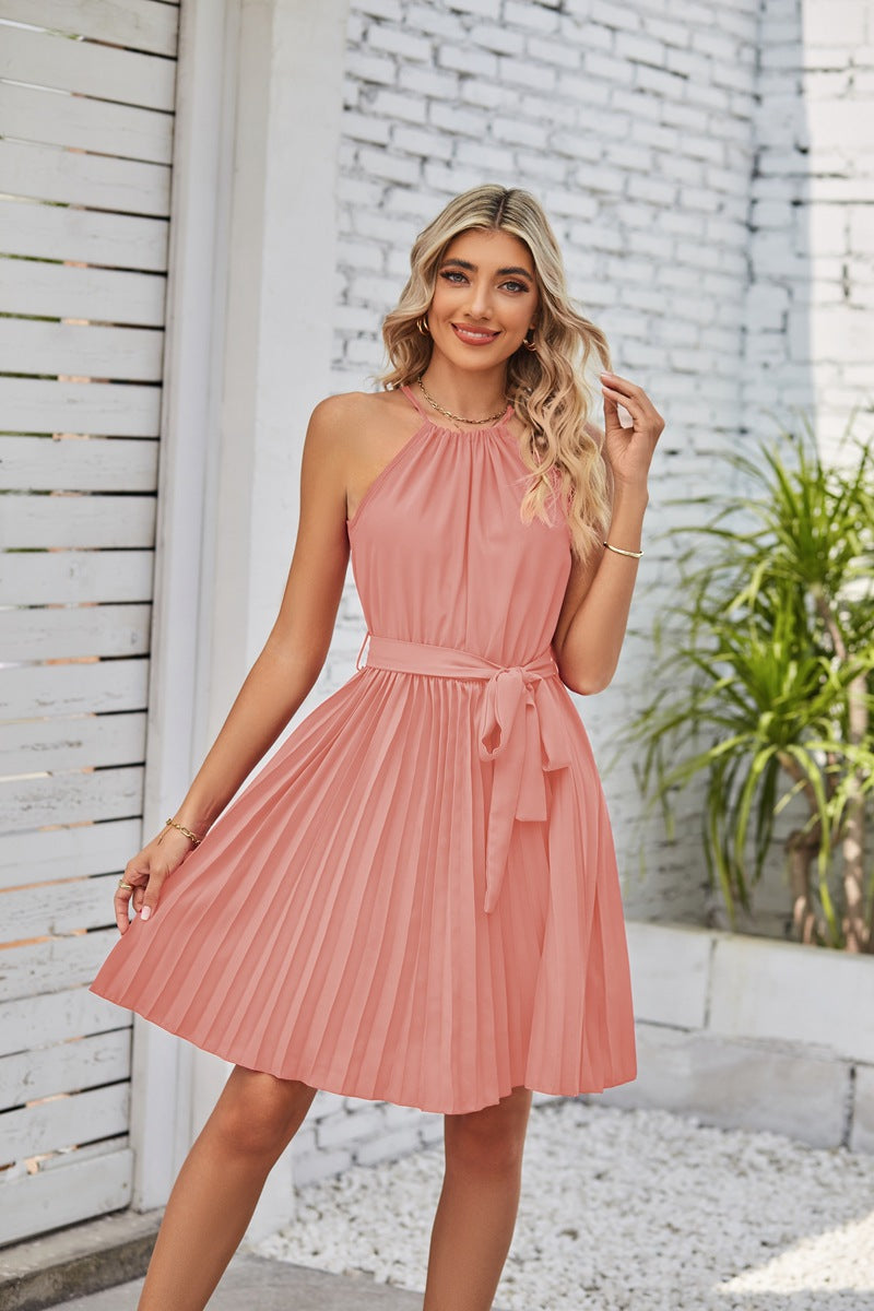 Halter Style Neckline Dress with Pleated Skirt