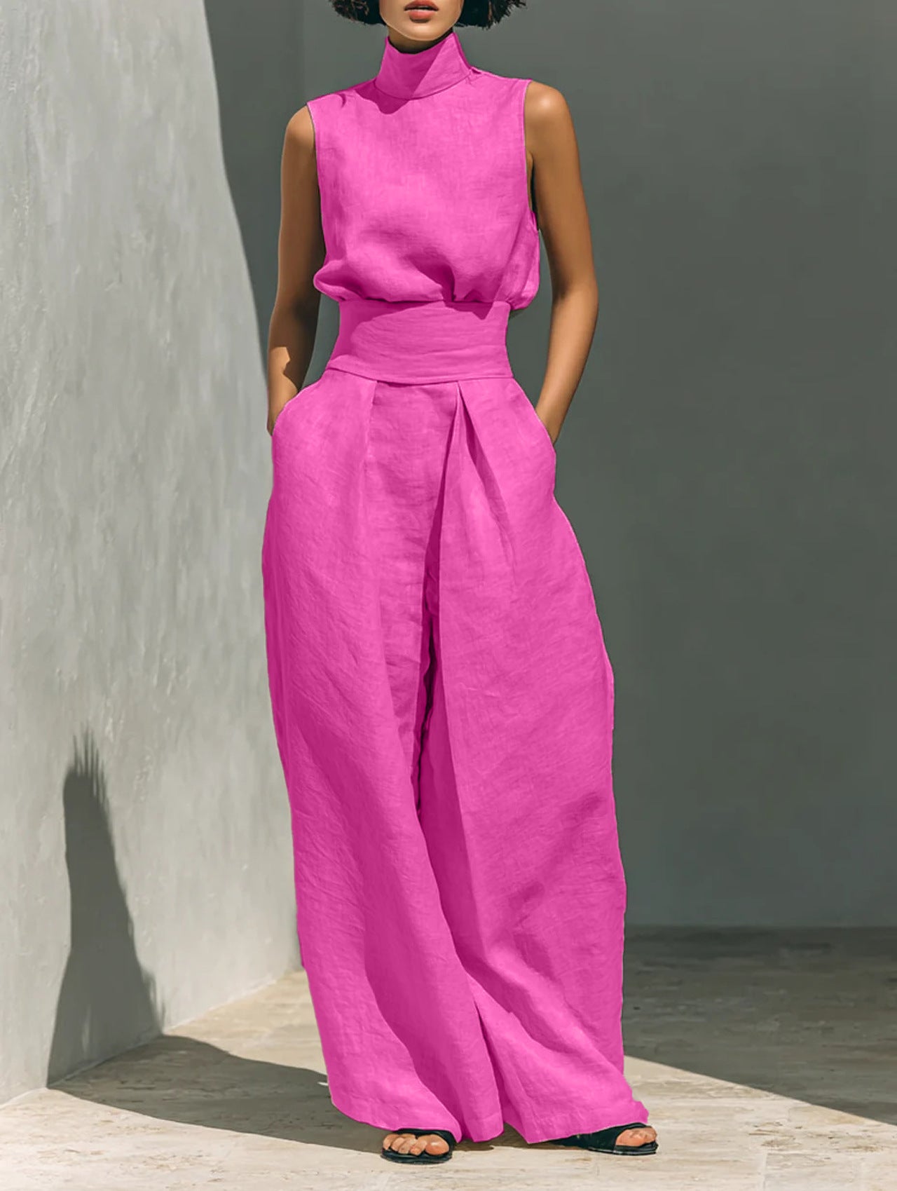 Stand-up Collar Pullover Top And Loose Straight-leg Trousers