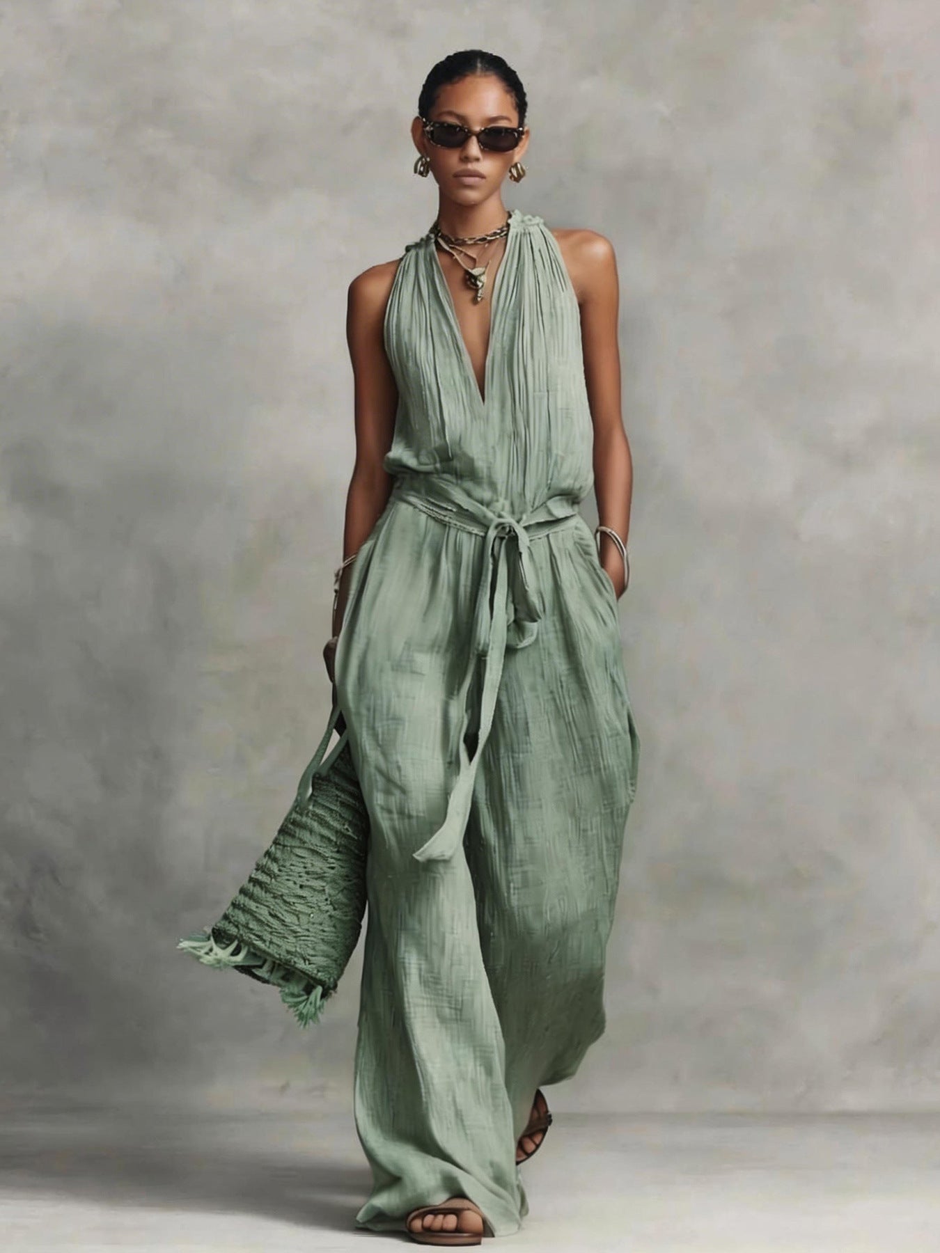 Casual Lace-up Sleeveless Cotton-blend Jumpsuit