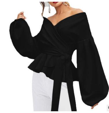 Off Shoulder Blouse with Waist Tie and Balloon Sleeves