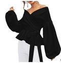 Off Shoulder Blouse with Waist Tie and Balloon Sleeves