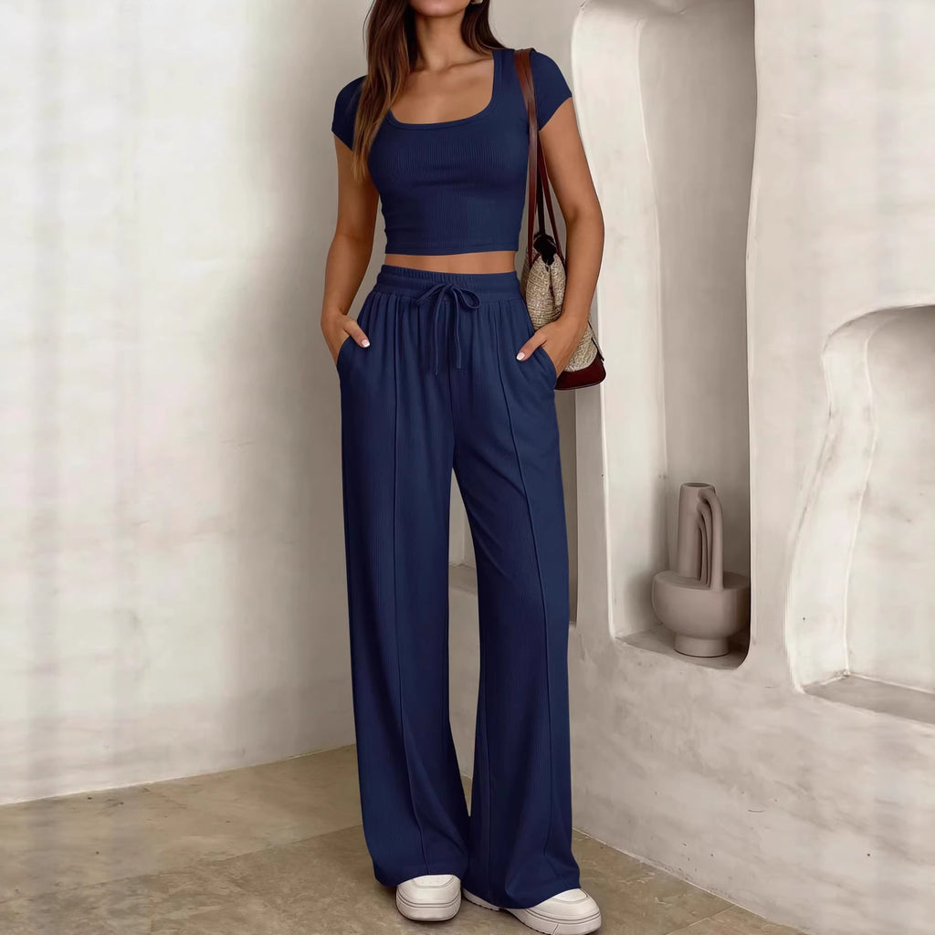 2-piece Short-Sleeve Pants Set with Crop Top
