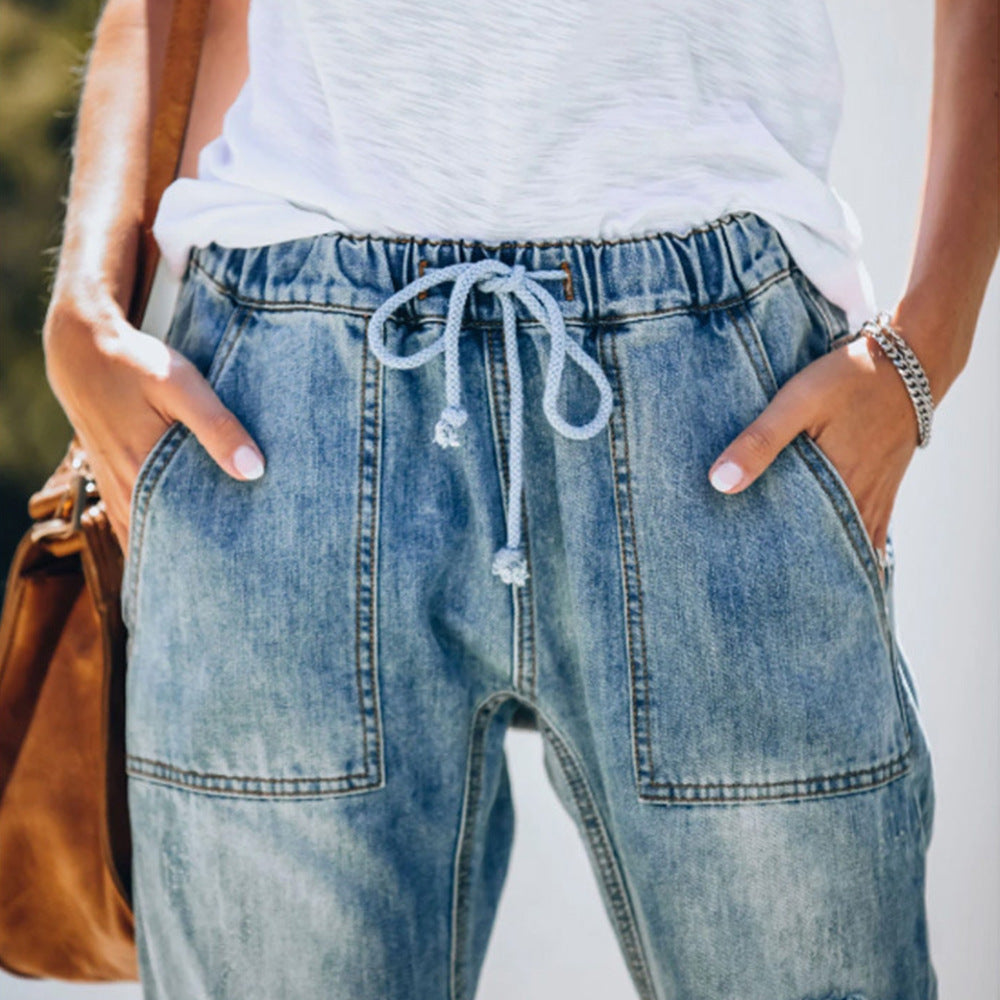Drawstring Ripped Jeans