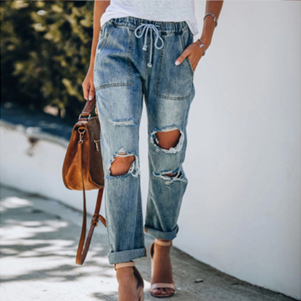 Drawstring Ripped Jeans