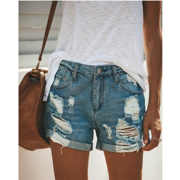 Cuffed Distressed Denim Shorts