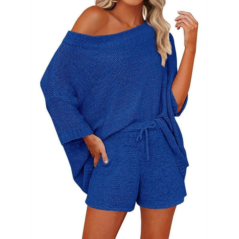 2 Piece Off Shoulder Knit Short Set