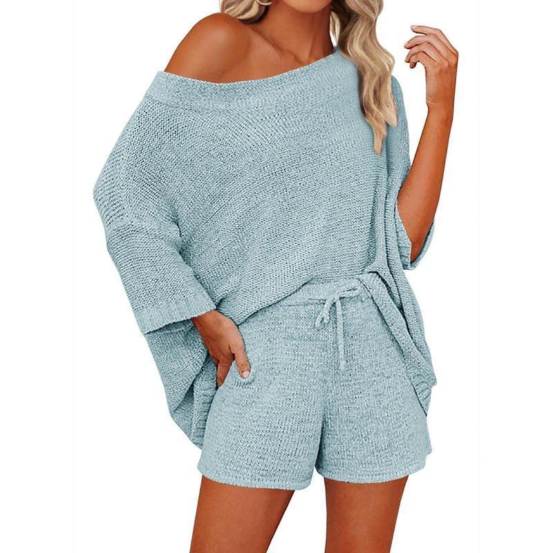 2 Piece Off Shoulder Knit Short Set