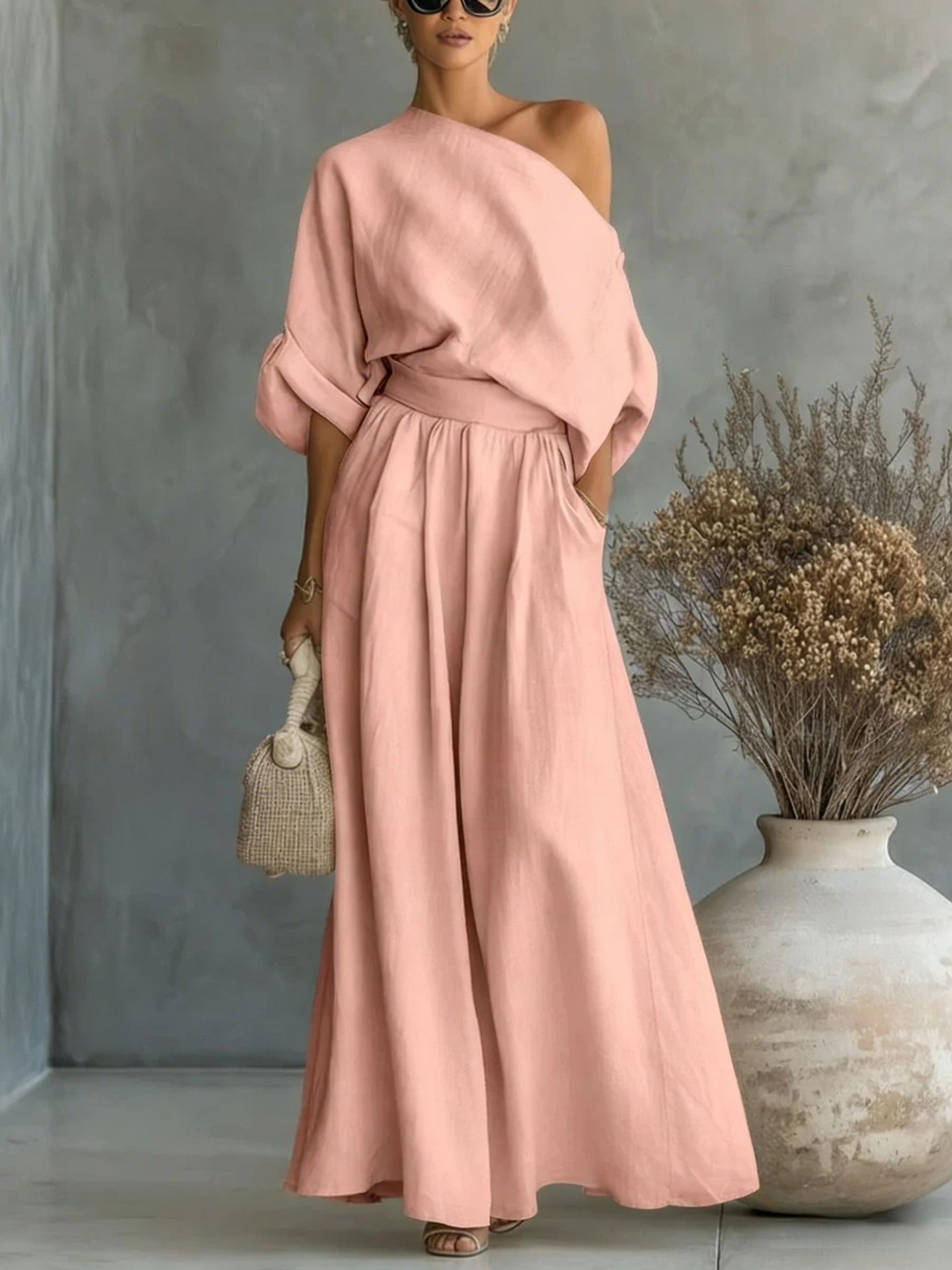 Cropped Off-shoulder Top And Pants Two-piece Set
