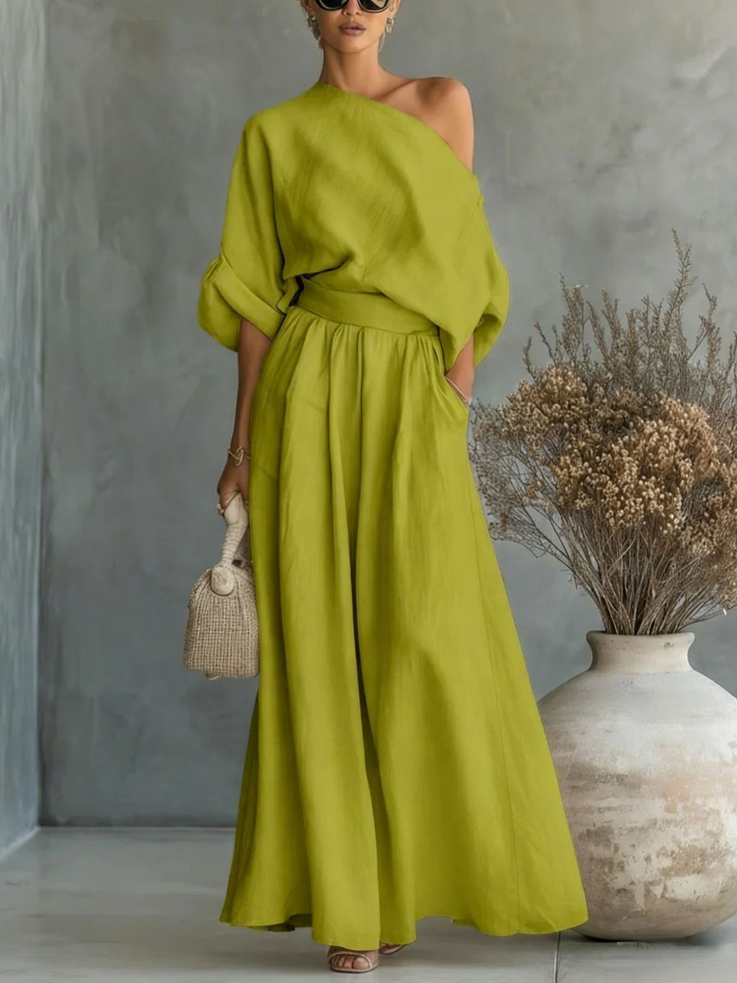 Cropped Off-shoulder Top And Pants Two-piece Set