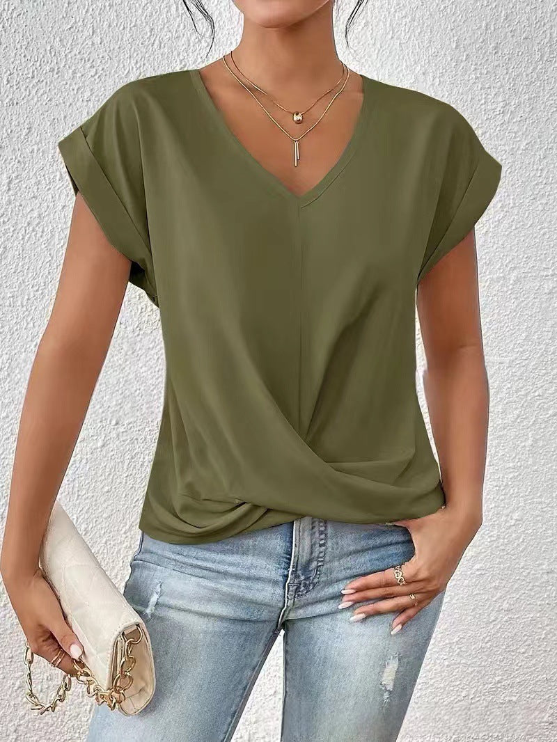 Fashion V-neck Short-sleeve T-shirt Summer Casual Irregular Knot Top For Women Clothing