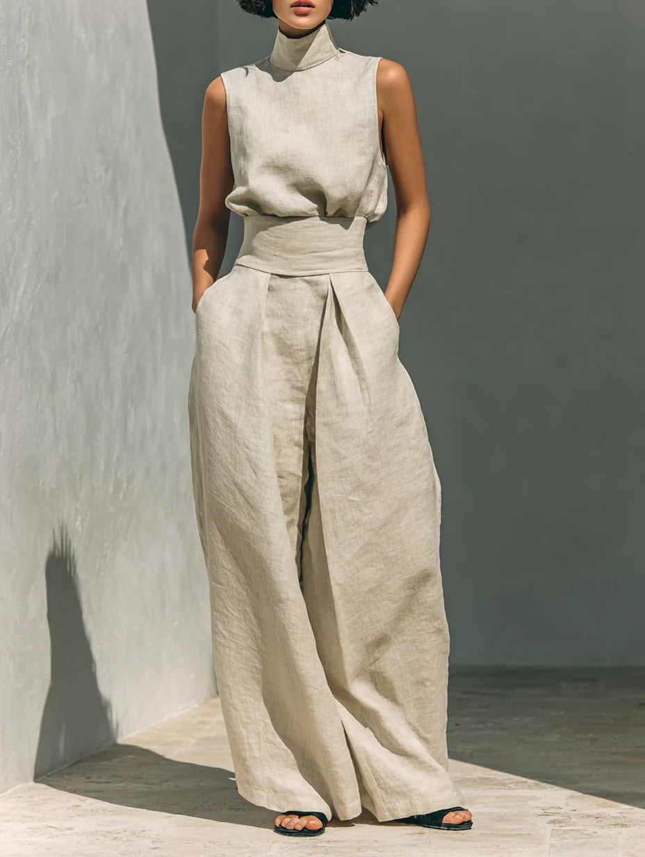 Stand-up Collar Pullover Top And Loose Straight-leg Trousers