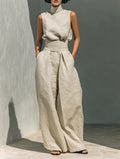 Stand-up Collar Pullover Top And Loose Straight-leg Trousers