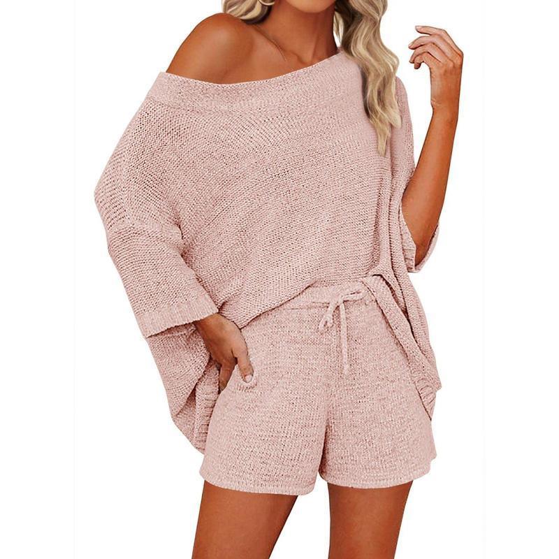 2 Piece Off Shoulder Knit Short Set
