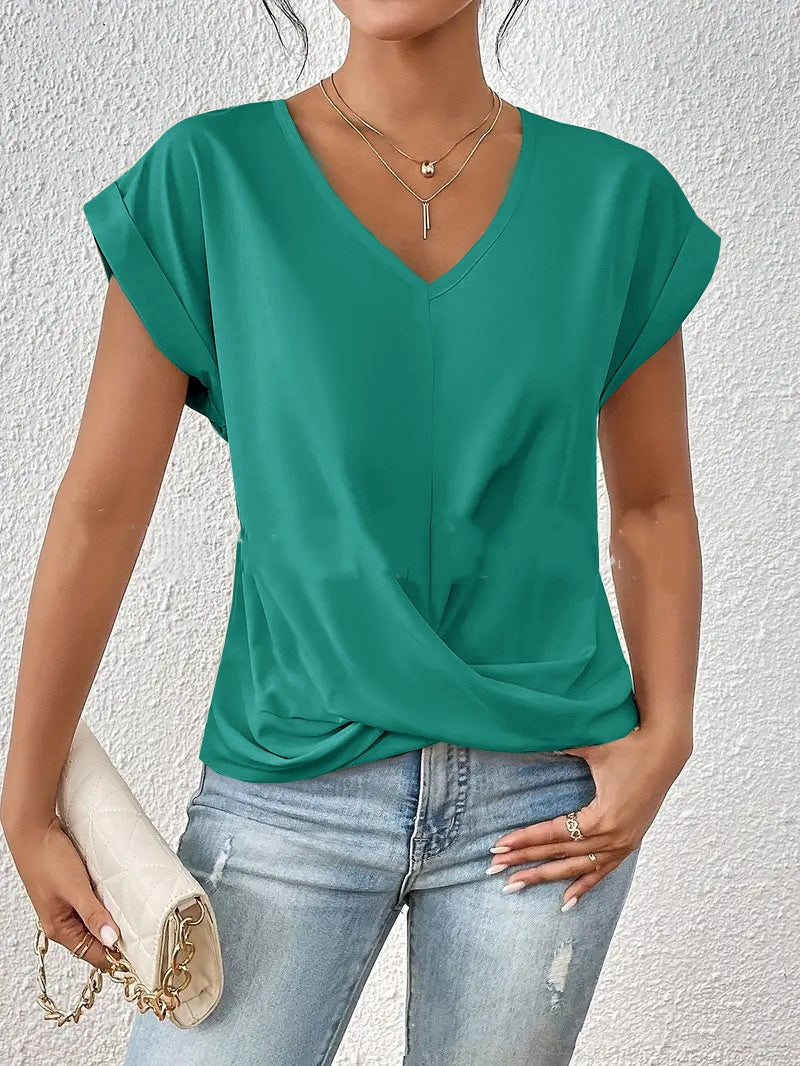 Fashion V-neck Short-sleeve T-shirt Summer Casual Irregular Knot Top For Women Clothing