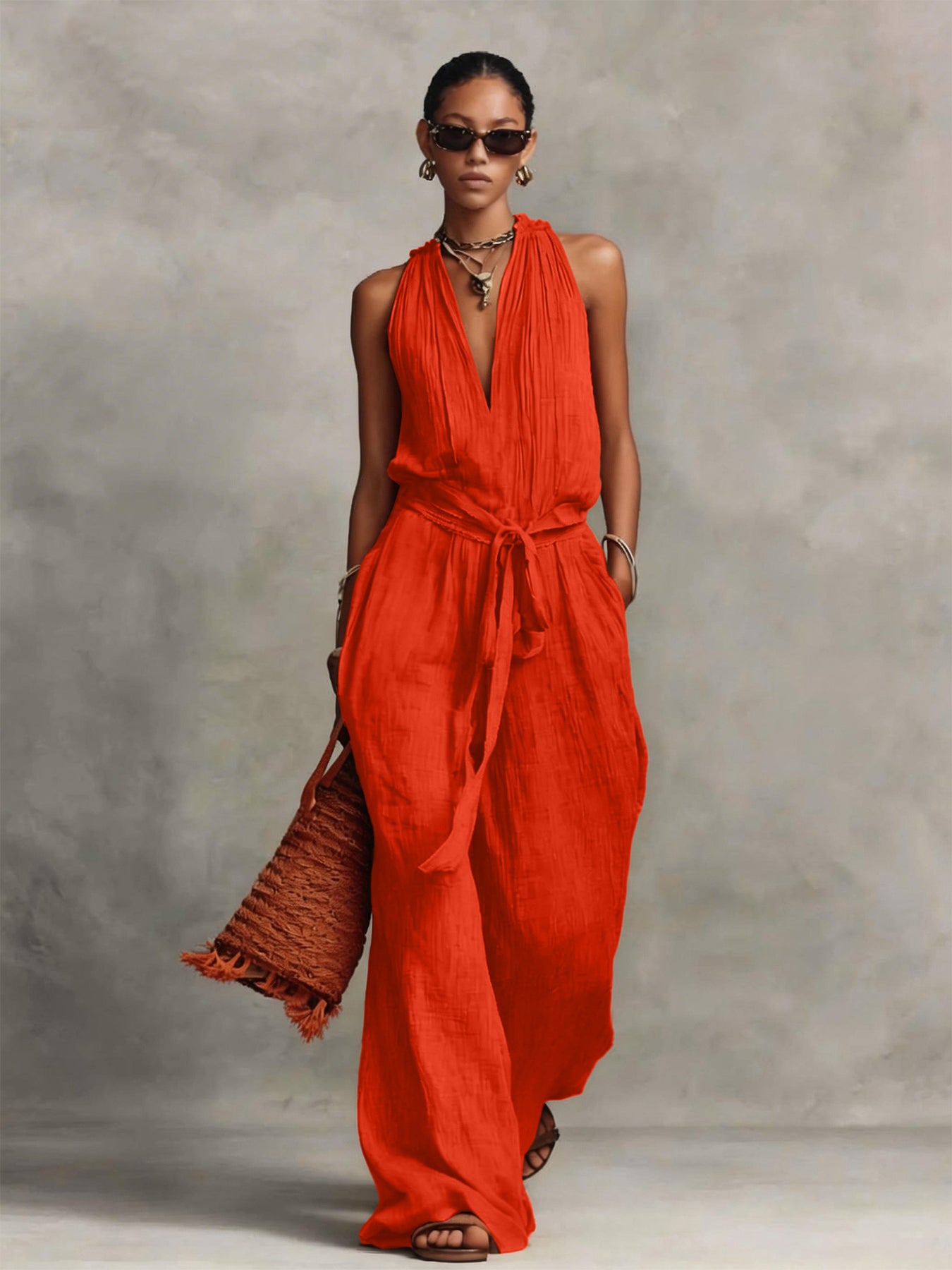 Casual Lace-up Sleeveless Cotton-blend Jumpsuit