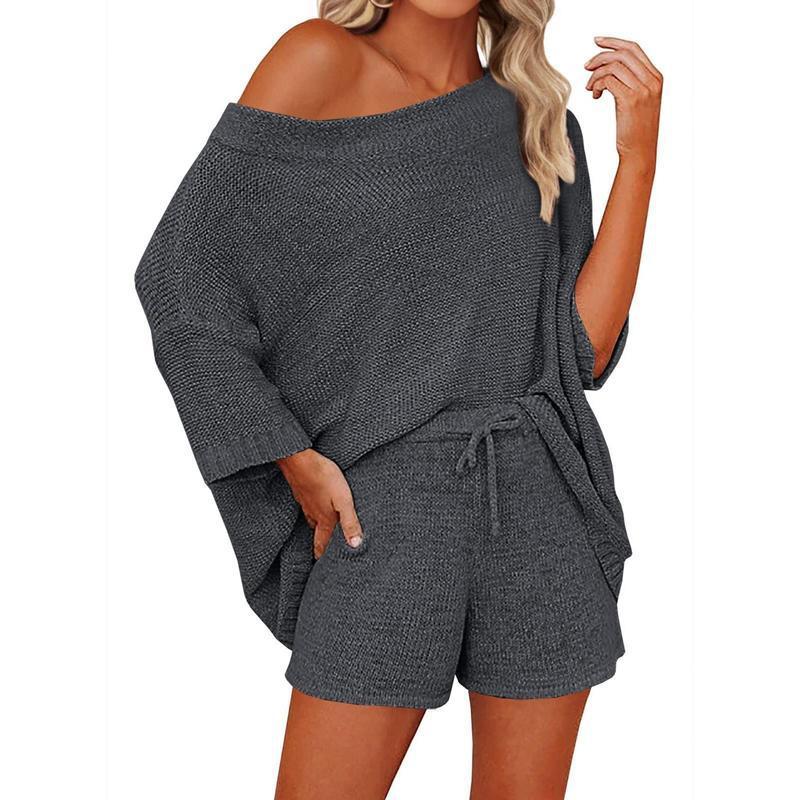 2 Piece Off Shoulder Knit Short Set