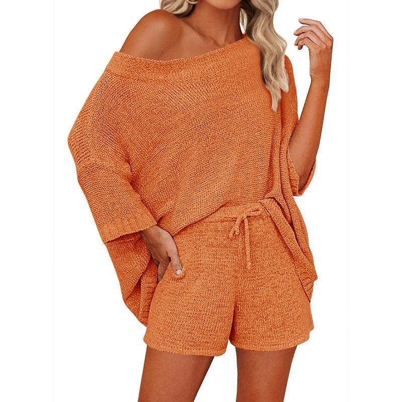 2 Piece Off Shoulder Knit Short Set