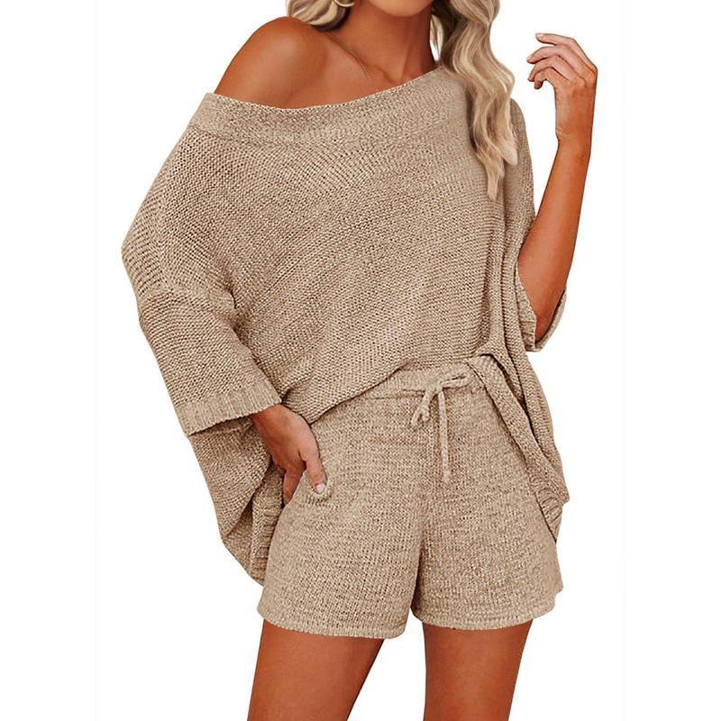 2 Piece Off Shoulder Knit Short Set