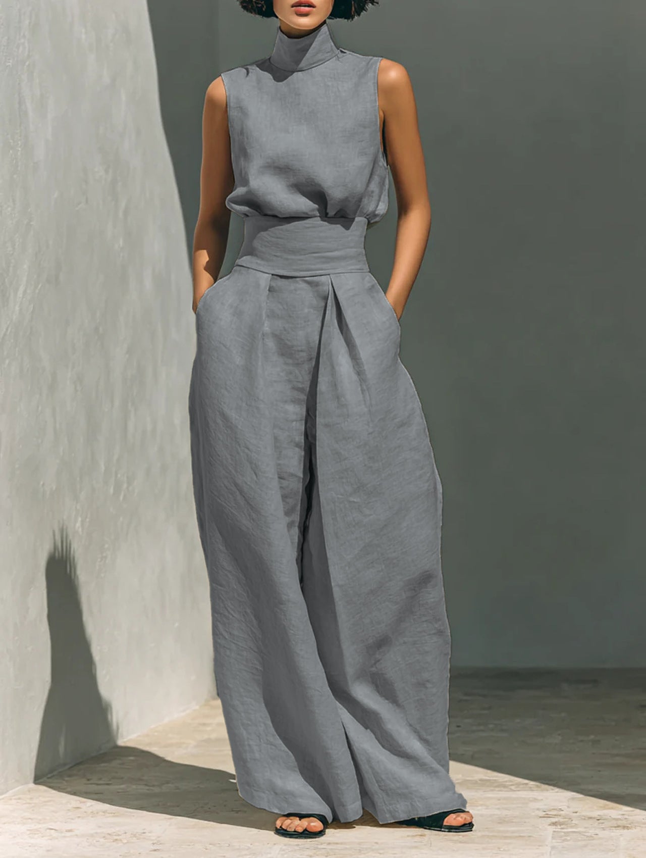 Stand-up Collar Pullover Top And Loose Straight-leg Trousers