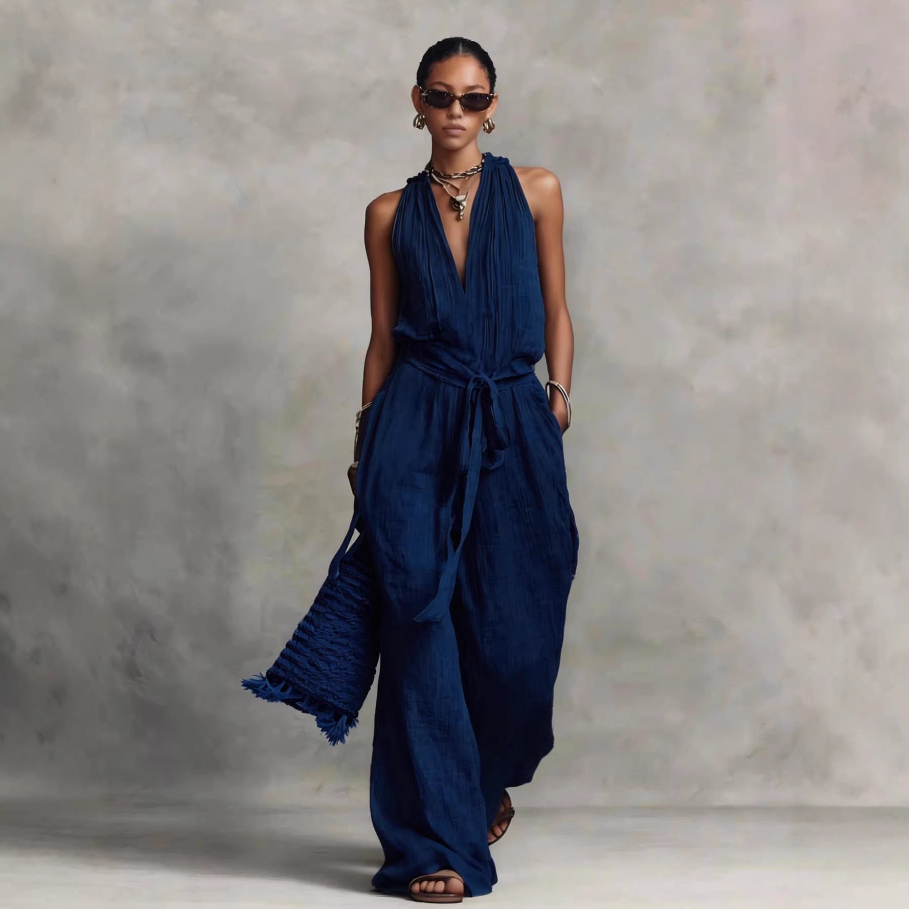 Casual Lace-up Sleeveless Cotton-blend Jumpsuit