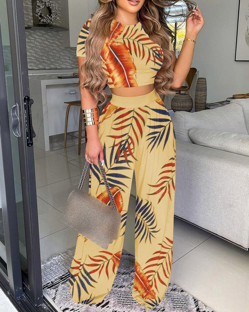 Two Piece Crop Top and Wide Leg Pants