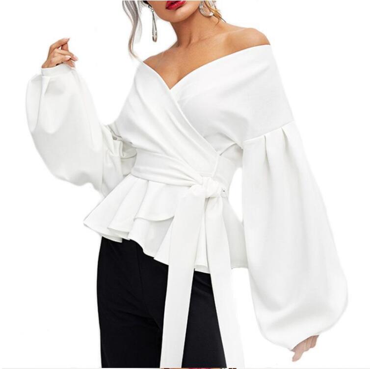 Off Shoulder Blouse with Waist Tie and Balloon Sleeves