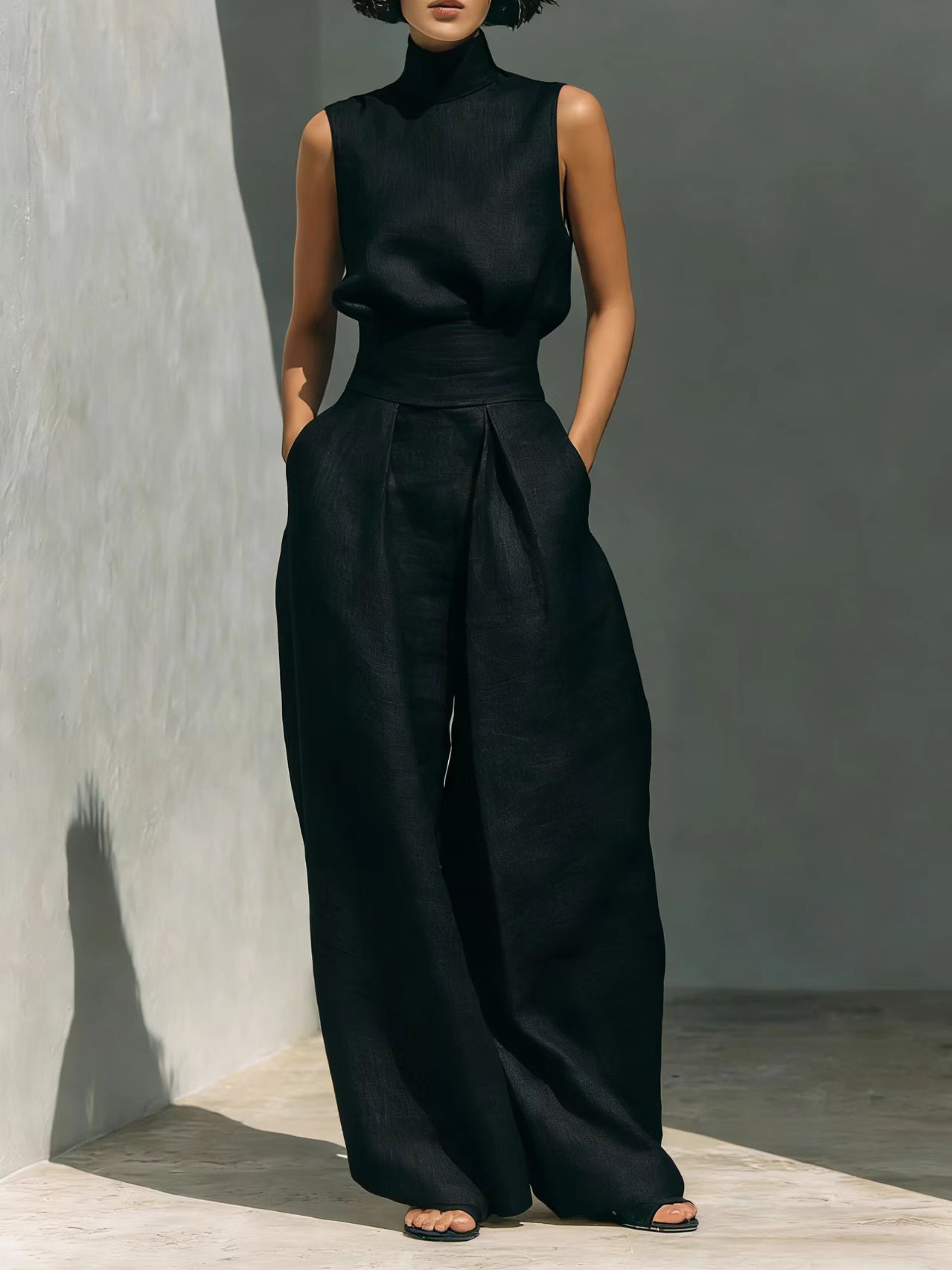 Stand-up Collar Pullover Top And Loose Straight-leg Trousers