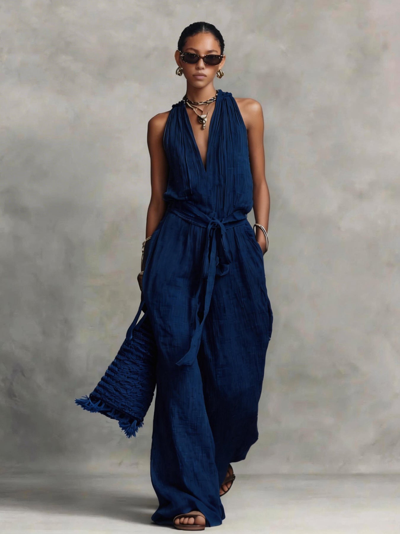 Casual Lace-up Sleeveless Cotton-blend Jumpsuit