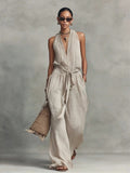 Casual Lace-up Sleeveless Cotton-blend Jumpsuit