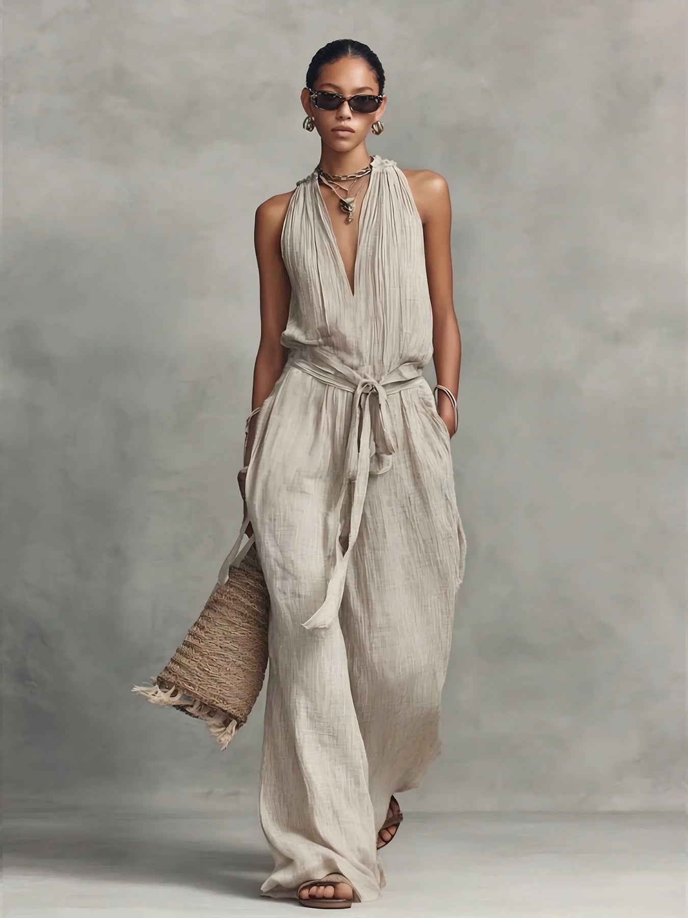 Casual Lace-up Sleeveless Cotton-blend Jumpsuit