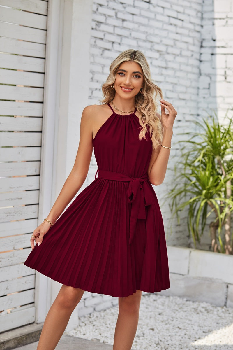 Halter Style Neckline Dress with Pleated Skirt