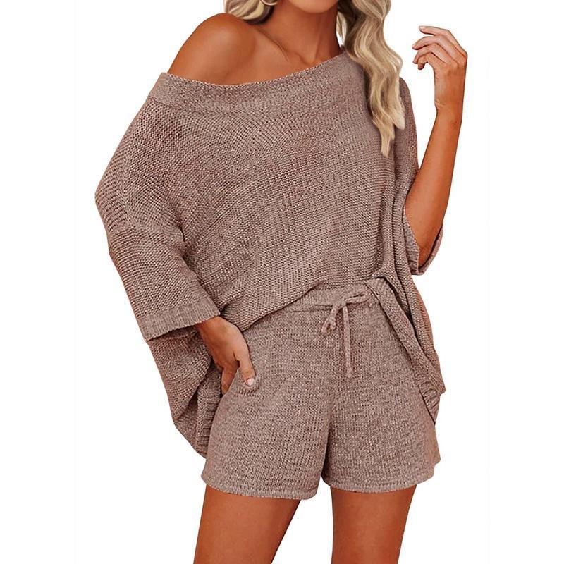 2 Piece Off Shoulder Knit Short Set