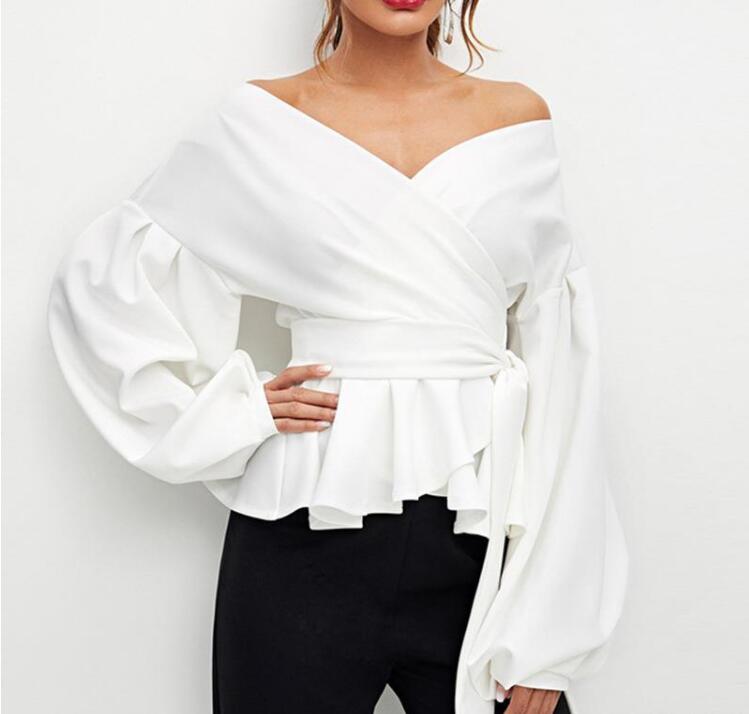 Off Shoulder Blouse with Waist Tie and Balloon Sleeves