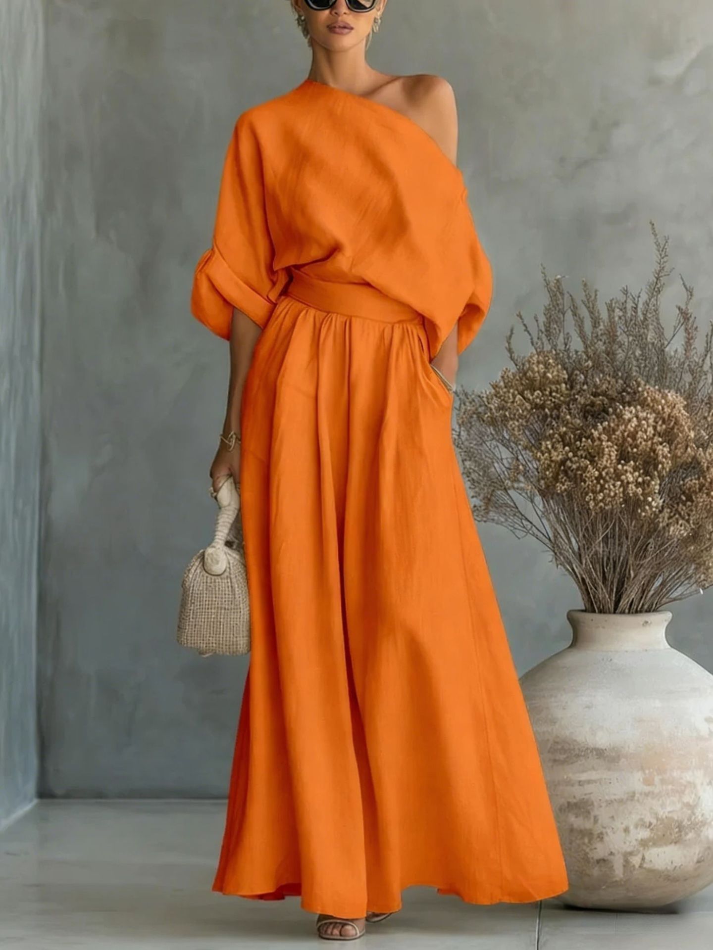 Cropped Off-shoulder Top And Pants Two-piece Set