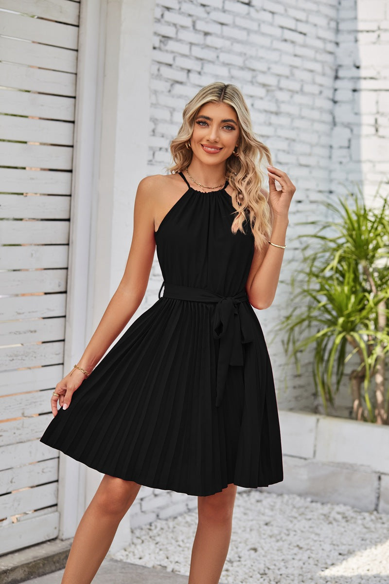 Halter Style Neckline Dress with Pleated Skirt