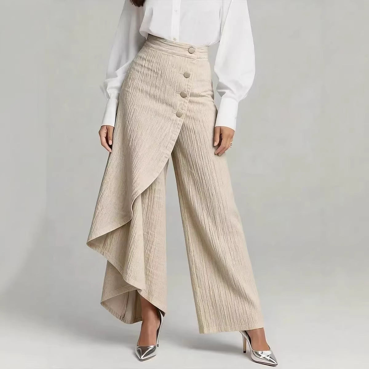 Unique Straight-leg Pants Fashion Large Ruffled Buttons Trousers Women's Faux Jeans Clothing