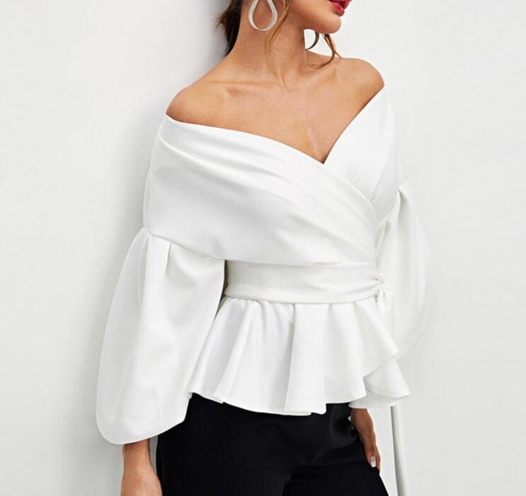 Off Shoulder Blouse with Waist Tie and Balloon Sleeves