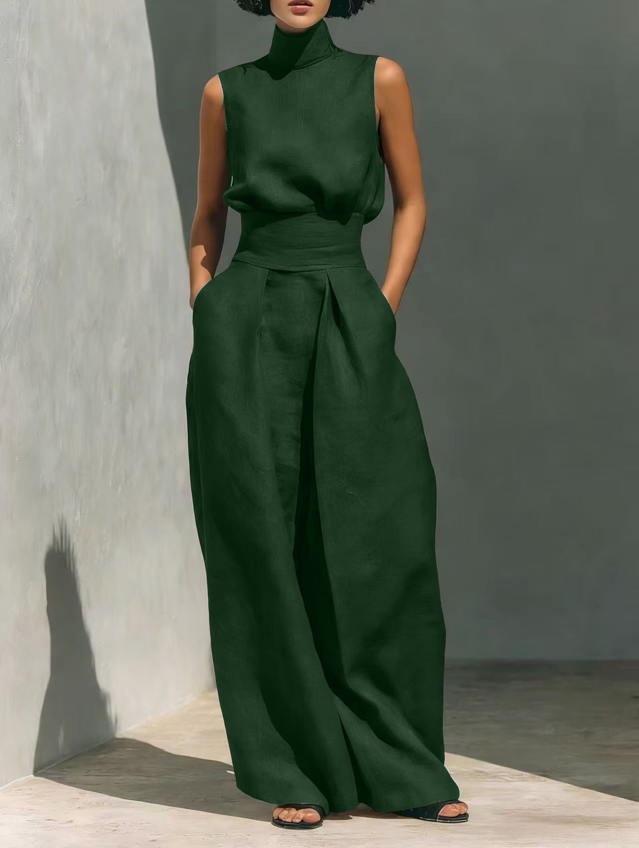 Stand-up Collar Pullover Top And Loose Straight-leg Trousers