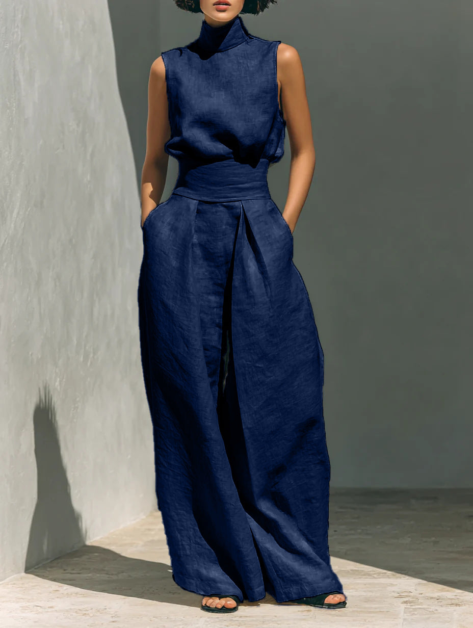 Stand-up Collar Pullover Top And Loose Straight-leg Trousers