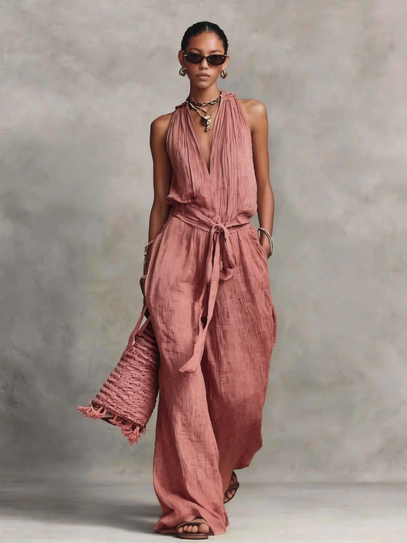 Casual Lace-up Sleeveless Cotton-blend Jumpsuit
