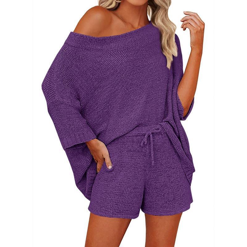 2 Piece Off Shoulder Knit Short Set