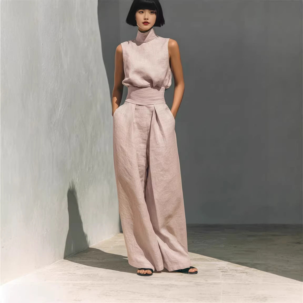 Stand-up Collar Pullover Top And Loose Straight-leg Trousers