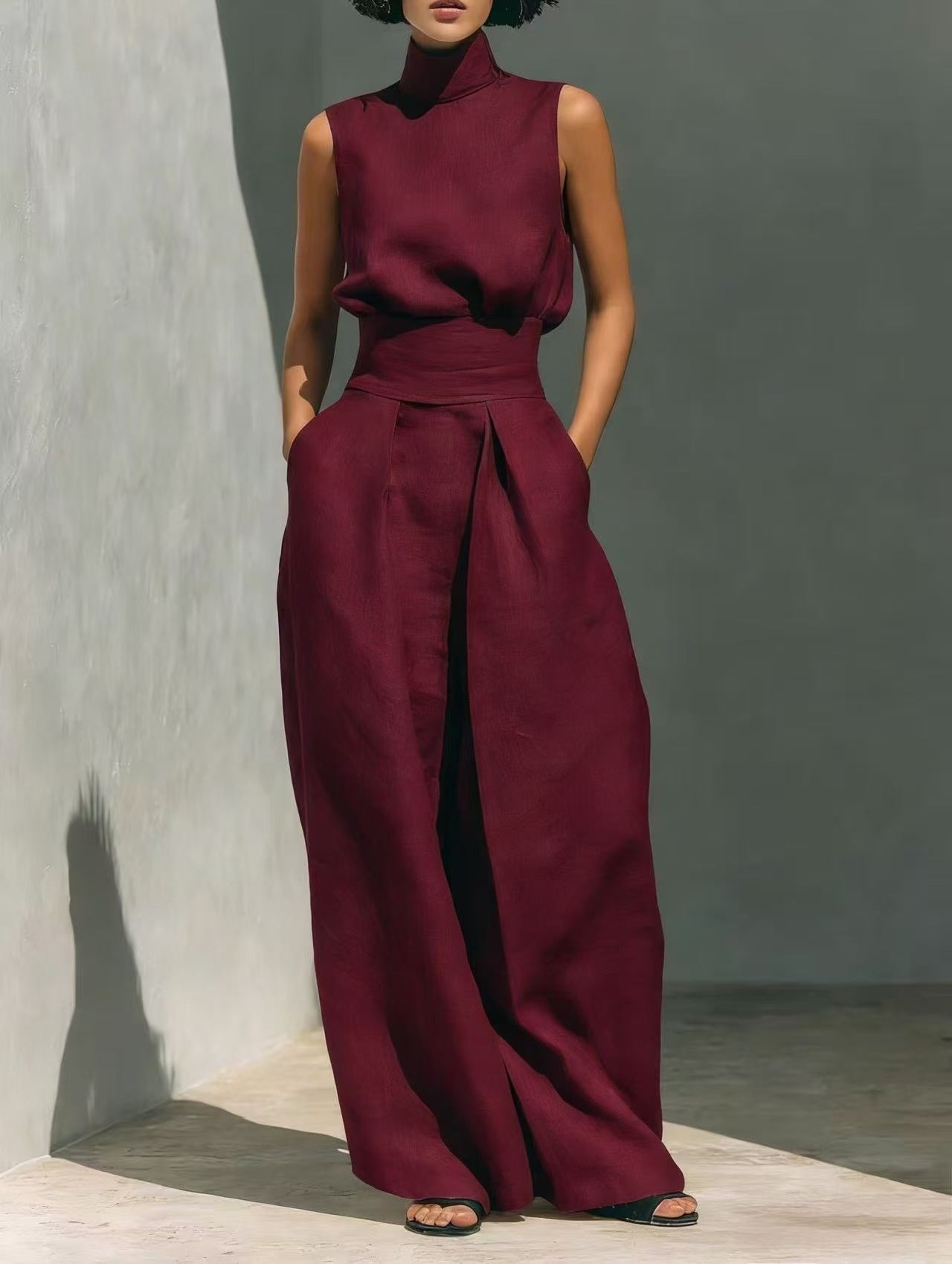 Stand-up Collar Pullover Top And Loose Straight-leg Trousers