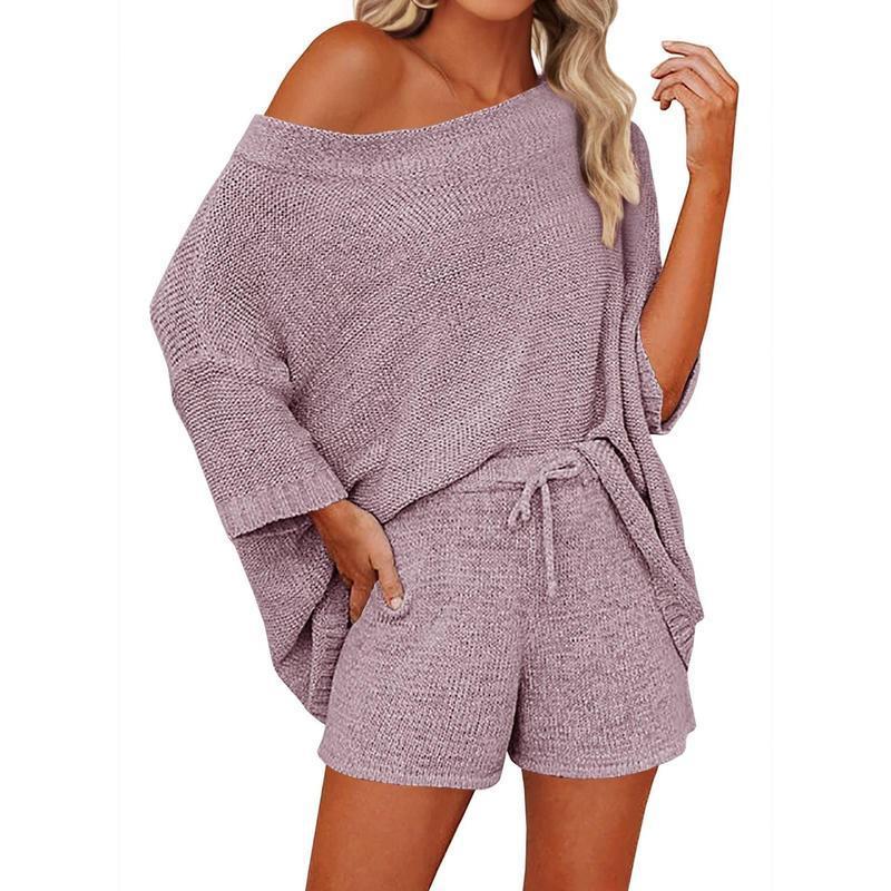 2 Piece Off Shoulder Knit Short Set