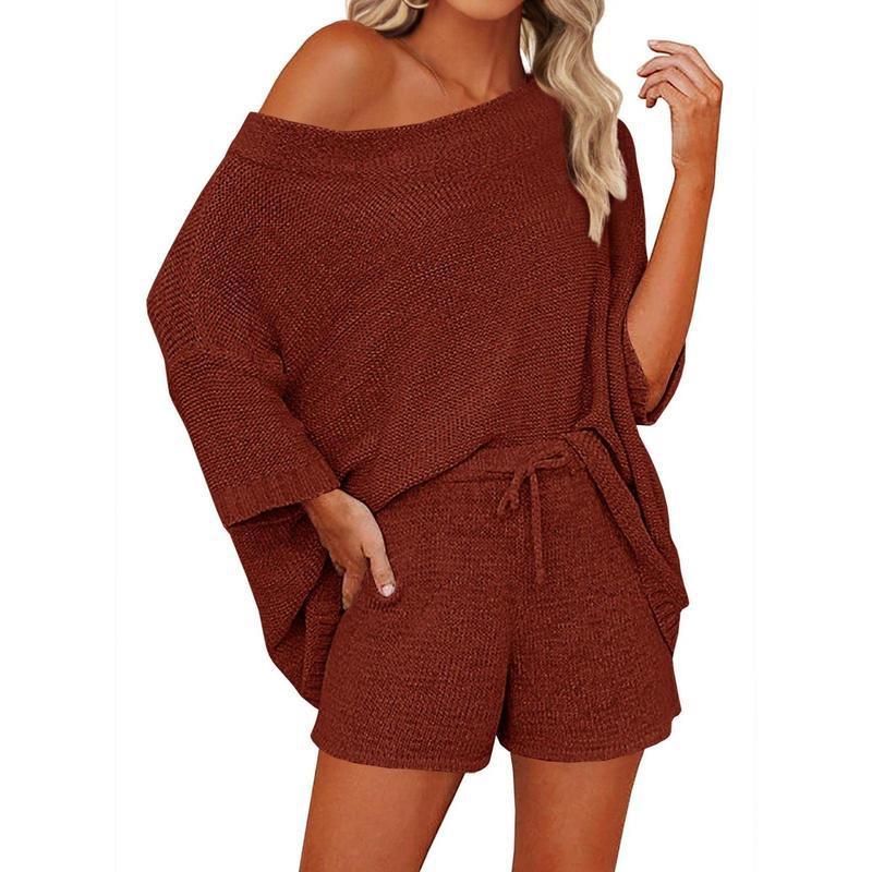 2 Piece Off Shoulder Knit Short Set