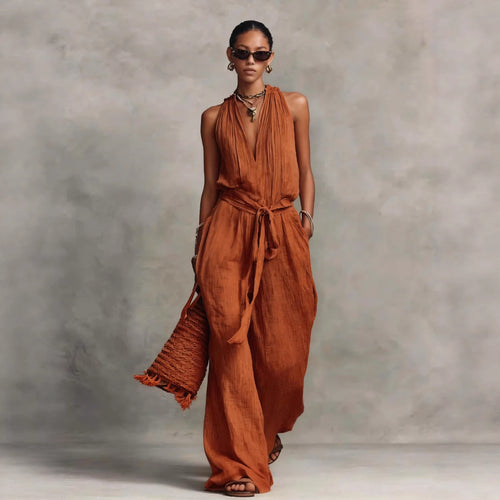 Casual Lace-up Sleeveless Cotton-blend Jumpsuit