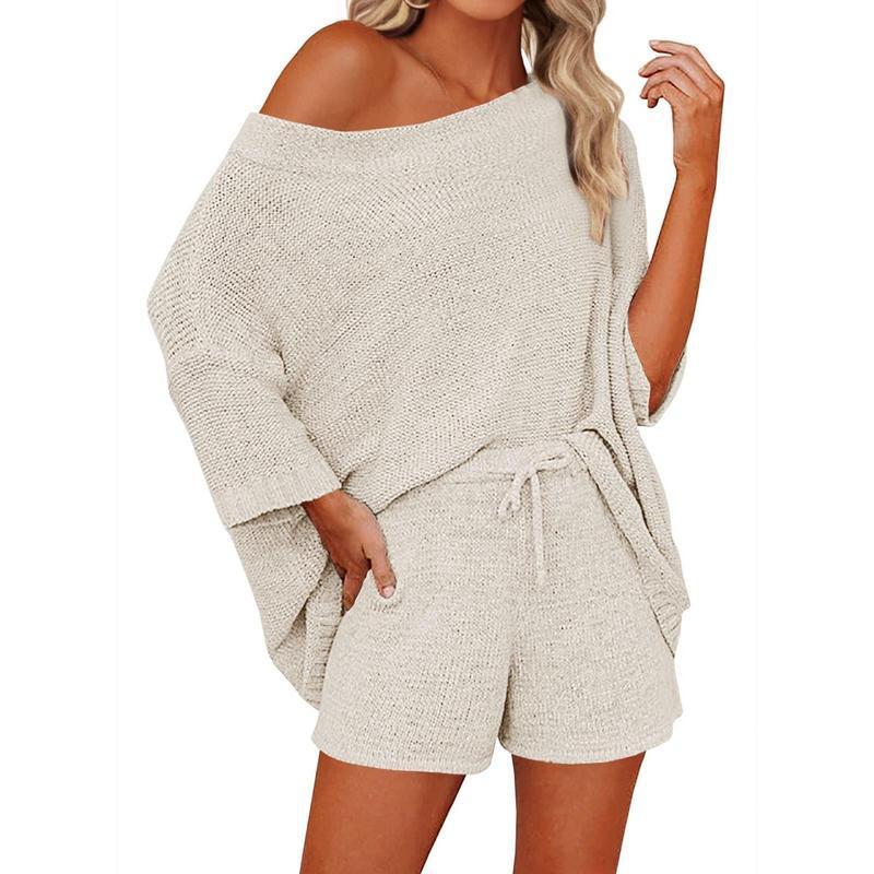 2 Piece Off Shoulder Knit Short Set
