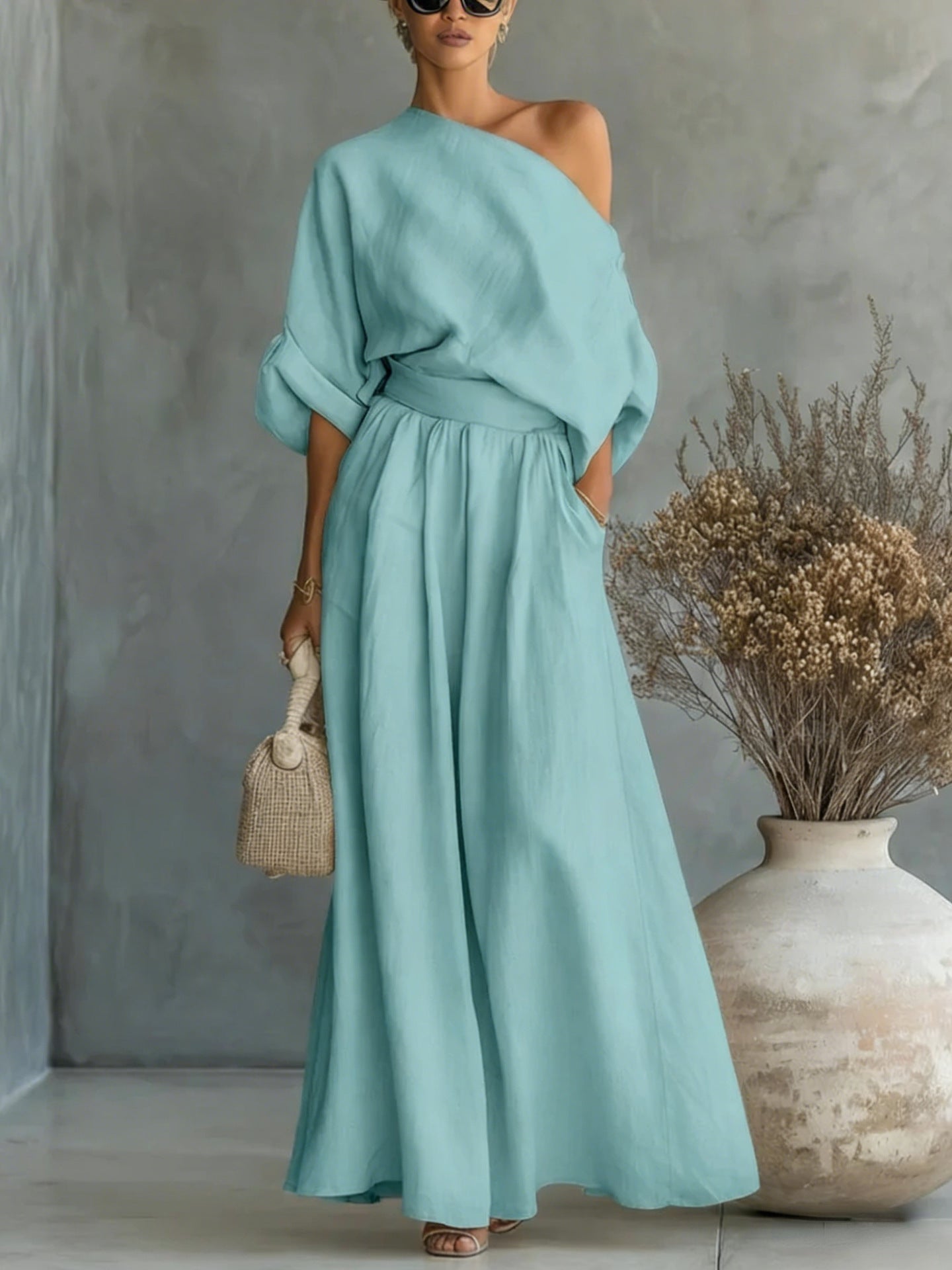 Cropped Off-shoulder Top And Pants Two-piece Set