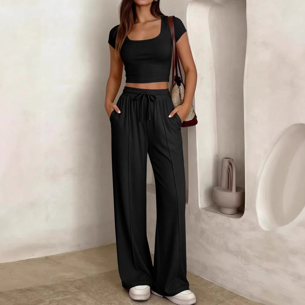 2-piece Short-Sleeve Pants Set with Crop Top
